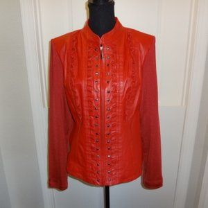 Nygard Red Leather & Knit Zipper Jacket with Embellished Spangles. Size M.